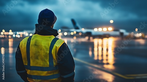 Obraz na płótnie A vigilant airport staff member in a safety jacket observes aircraft operations during a wet evening at the airport : Generative AI w salonie