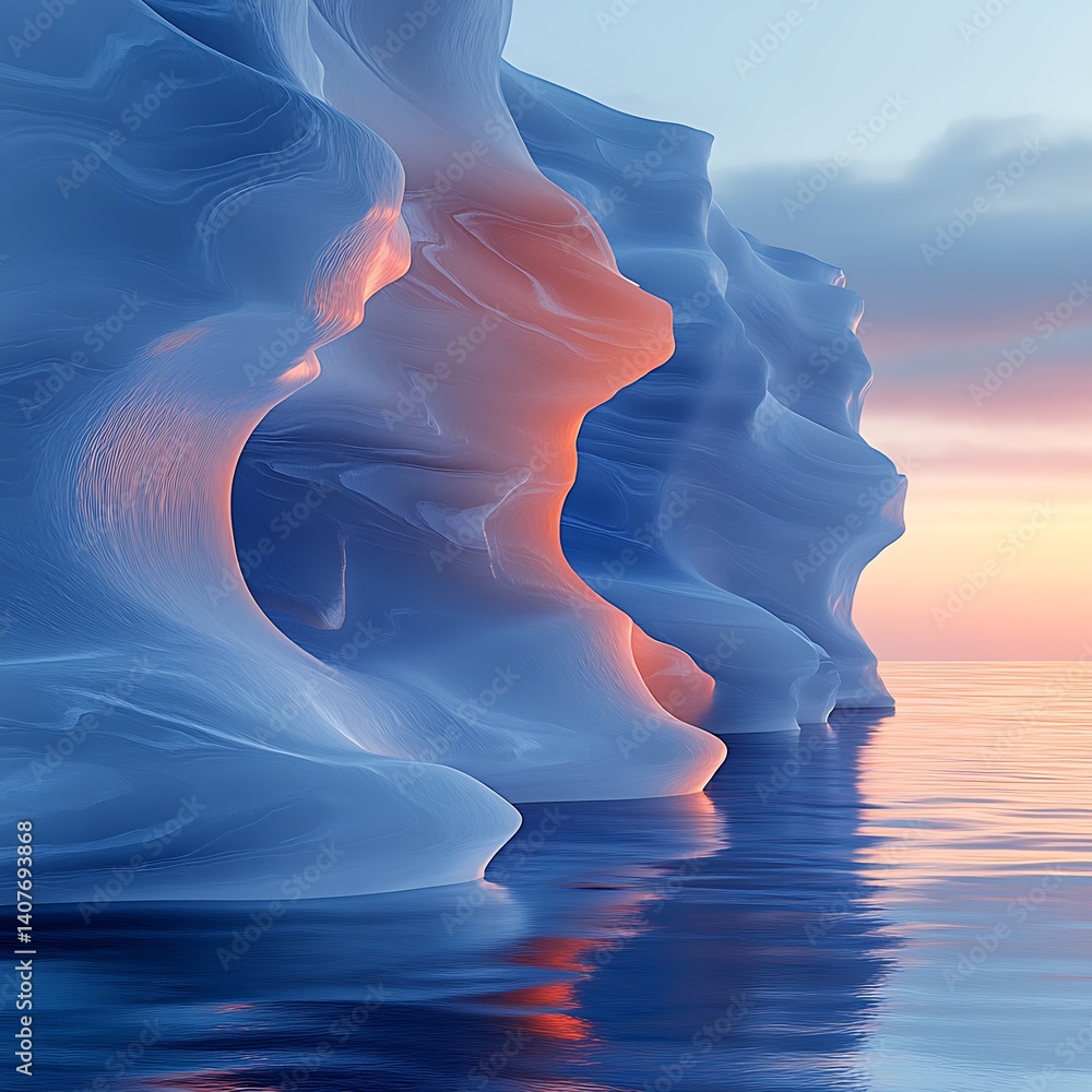Enchanting ice formations reflecting the soft hues of sunset on tranquil waters : Generative AI