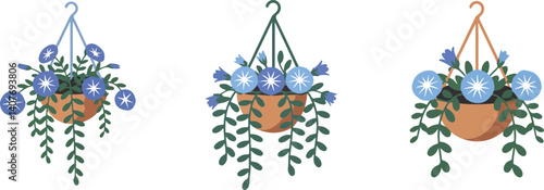  Set of Hanging Flower Pots - Different Designs with Blue Flowers and Green Foliage