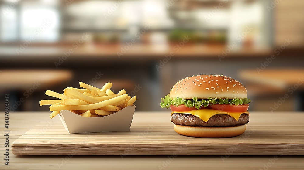 Savory Cheeseburger with Fresh Toppings and Side of Golden Fries Served on a Wooden Surface : Generative AI