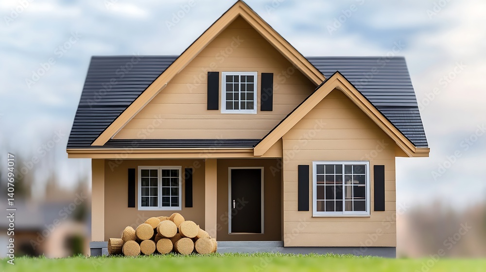 Charming Modern House Surrounded by Greenery with Stacked Hay Bales in Front : Generative AI