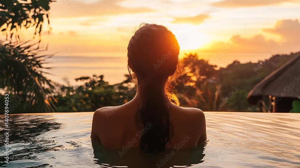 Relaxing Evening Bath Experience with a Stunning Sunset Over the Ocean : Generative AI