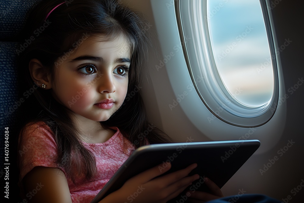 Sweet child absorbed in her tablet while enjoying the view from the airplane window during a journey : Generative AI
