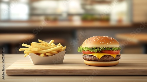 Obraz na płótnie Savory Cheeseburger with Fresh Toppings and Side of Golden Fries Served on a Wooden Surface : Generative AI w salonie