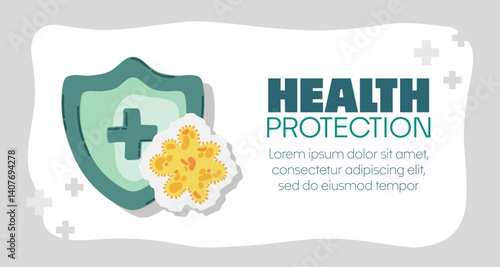 Guard shield attacked by virus, germs and bacteria. Immune system and virus protection concept with Health Protection text. Immunity hygienic medical prevention