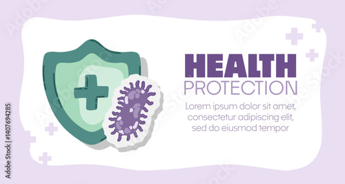Guard shield attacked by virus, germs and bacteria. Immune system and virus protection concept with Health Protection text. Immunity hygienic medical prevention