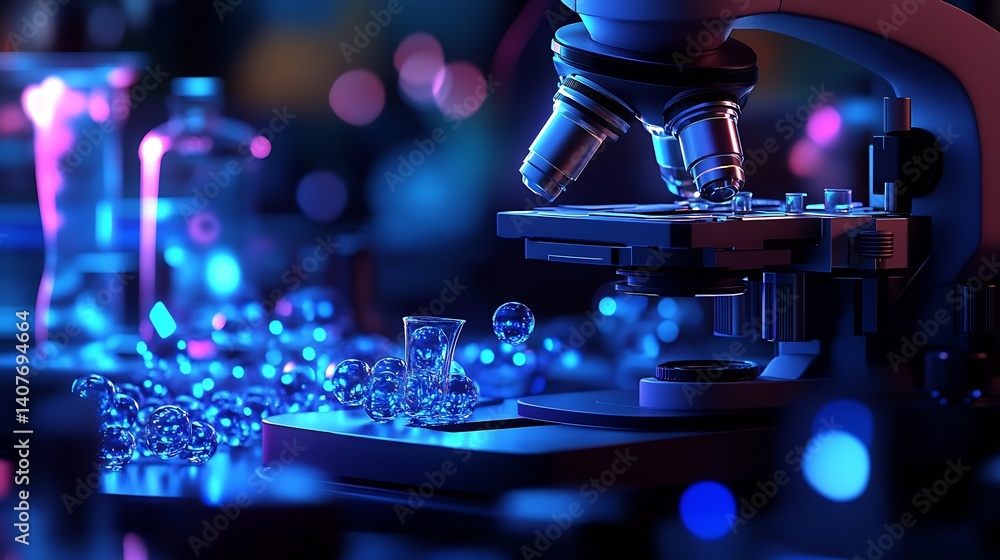 High-tech microscope positioned to reveal intricate details with colorful surroundings in a laboratory setting : Generative AI