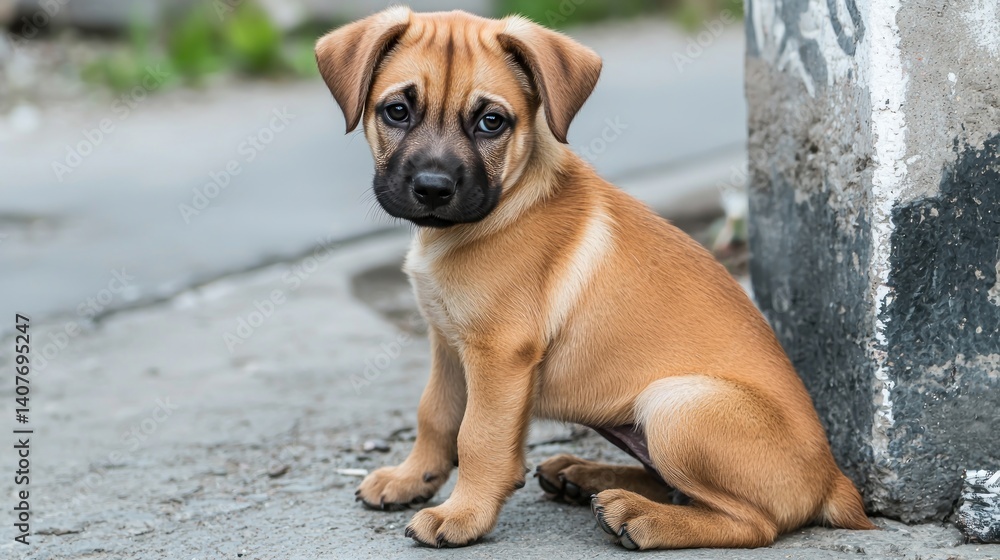 Obraz premium Adorable puppy sits on city street, urban background