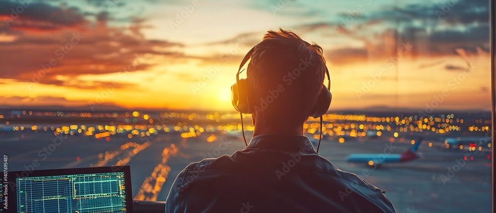 Dedicated Air Traffic Controller Watching Flights Depart at Sunset with Screens Showing Data : Generative AI