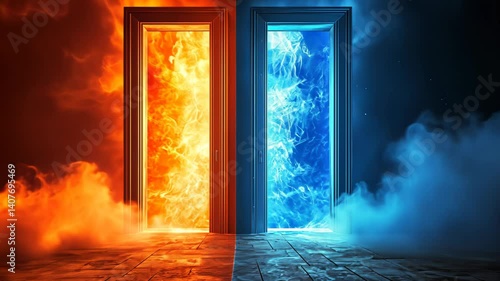 Heaven paradise and fiery hell gates choice. Door to heaven and hell. Good and evil, light and darkness