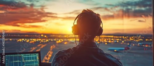 Dedicated Air Traffic Controller Watching Flights Depart at Sunset with Screens Showing Data : Generative AI
