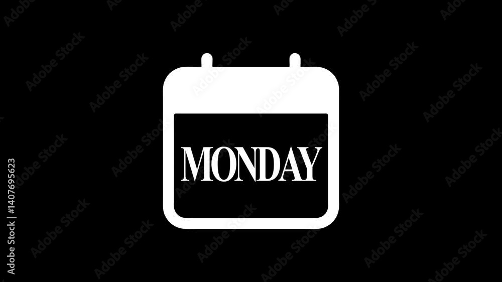 Animation of the monday on white color calendar on a black background. Animation of the monday on white color calendar on a black background.