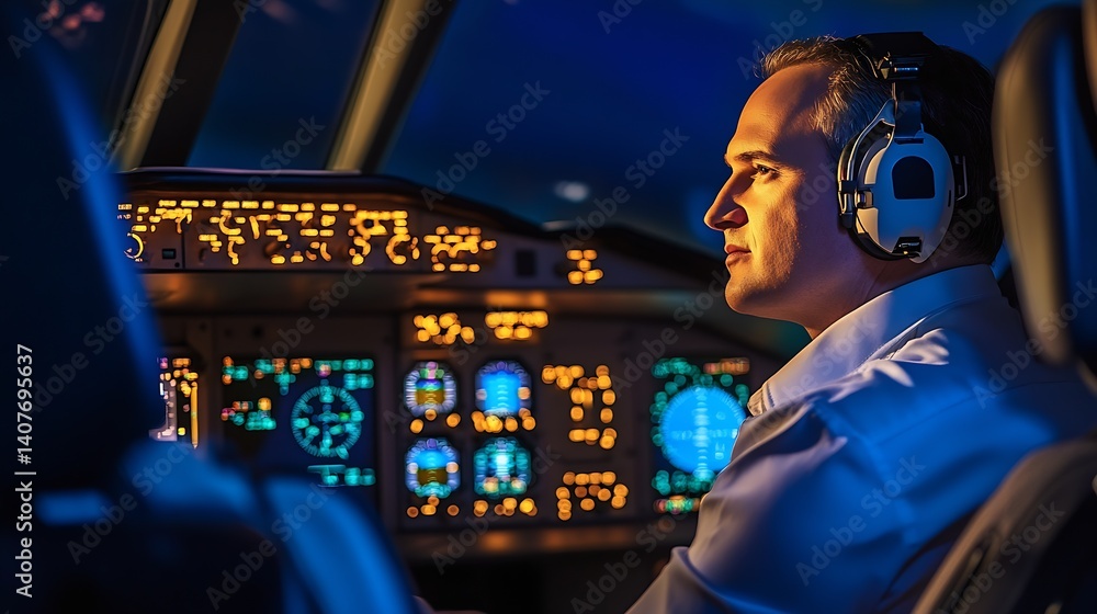 Serious pilot in shadows with illuminated cockpit instruments preparing for flight during the evening : Generative AI