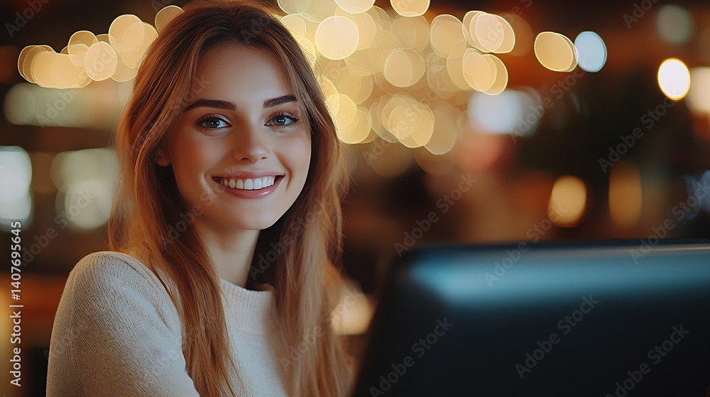 Brightly smiling young woman enjoying her time working on a laptop in a warm and inviting cafe atmosphere : Generative AI