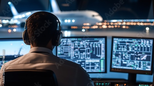 Experienced Air Traffic Controller Overseeing Flights from Control Tower at Airport : Generative AI