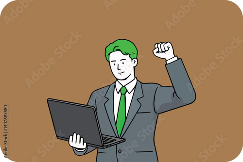 Successful Businessman with Laptop Celebrating Achievement: Online Success, Victory, and Positive Business Outcome