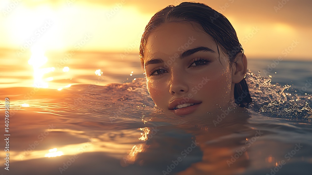 Vibrant portrait of a smiling woman in shimmering water with the sun setting in the background : Generative AI