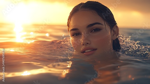 Obraz na płótnie Vibrant portrait of a smiling woman in shimmering water with the sun setting in the background : Generative AI w salonie