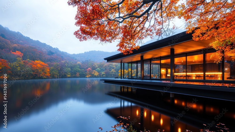 Fototapeta premium Autumn Lakeside Cafe, Japan