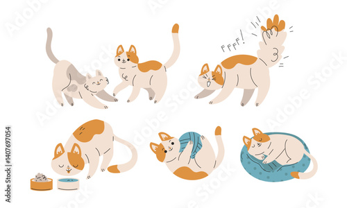 Funny Cat Domestic Pet with Pretty Snout Engaged in Different Activity Vector Set
