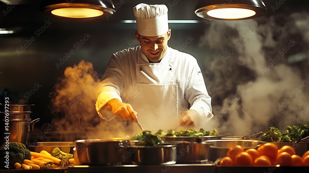 Cheerful chef stirring ingredients in pots while preparing gourmet dishes in a lively kitchen atmosphere : Generative AI