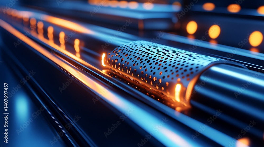 Close-up of a high-tech cylindrical component with glowing perforations in a futuristic setting : Generative AI