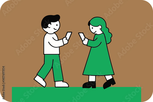 Two People Walking and Using Smartphones: Mobile Technology, Connection, and Digital Communication in Everyday Life