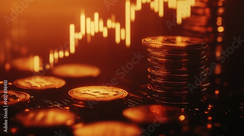 Crisp close-up image of cryptocurrency coins capturing market trends in golden tones : Generative AI