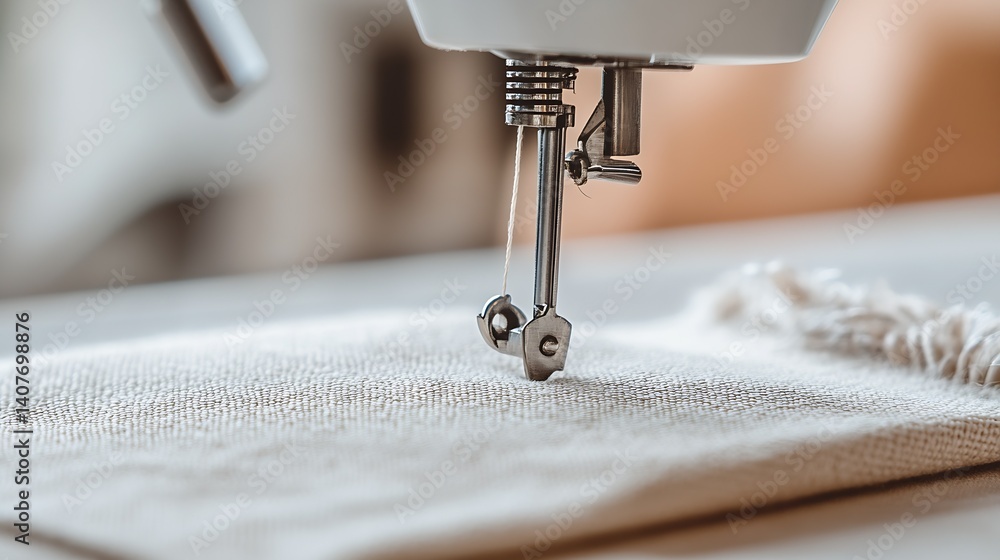 Sewing machine needle hovering above coarse fabric showcasing delicate sewing process and artisan skill : Generative AI