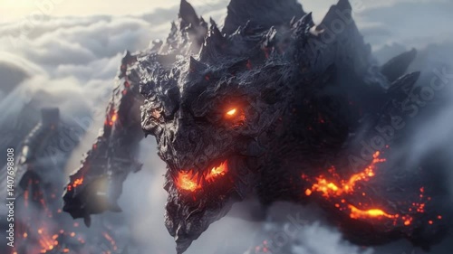 Dark Lava Dragon Amidst Volcanic Clouds