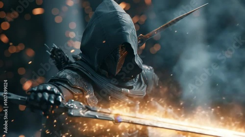 Hooded Figure With Glowing Sword Amidst Fire and Sparks
