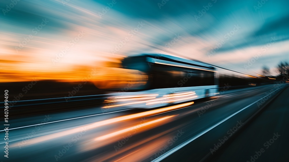 A Bus Speeding Along a Highway at Dusk with Striking Orange and Blue Sunset Colors : Generative AI