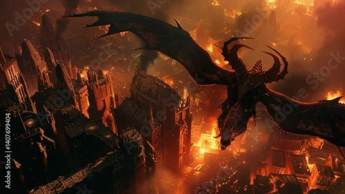 Dark Fantasy Dragon Flying Over Burning City