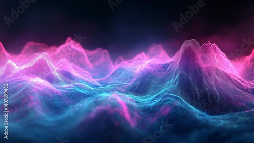 A colorful mountain range with purple and blue peaks. The mountains are in the background and the foreground is a blue and purple wave