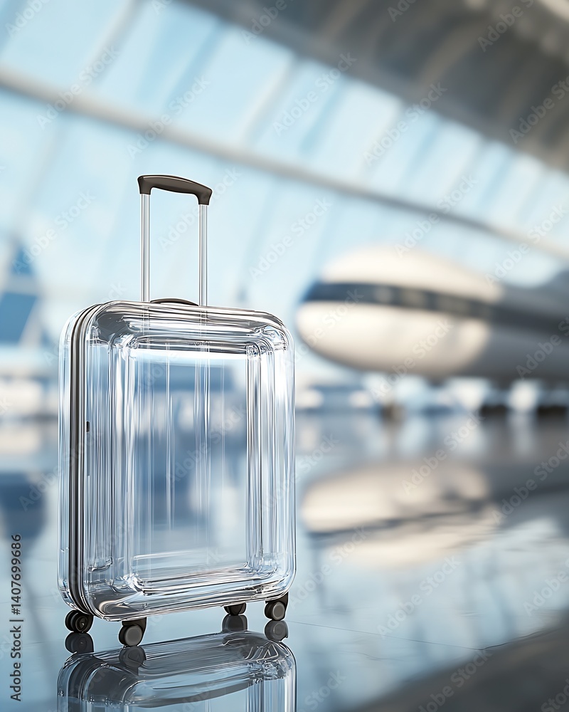 Modern Clear Suitcase at a Futuristic Airport Terminal with a Plane in the Background : Generative AI