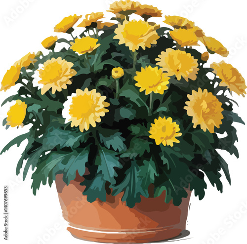  Vector illustration of a potted yellow flower plant, representing nature, gardening, and home decor