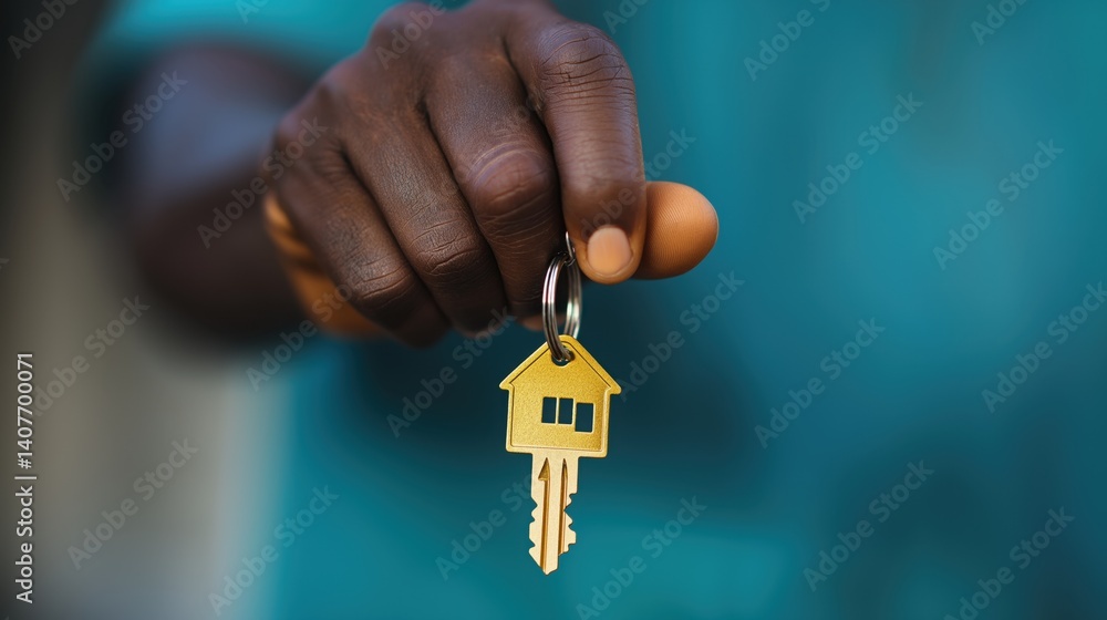 A close-up of a dark-skinned person's hand holding a gold-colored house-shaped key chain A close-up of a dark-skinned person's hand holding a gold-colored house-shaped key chain