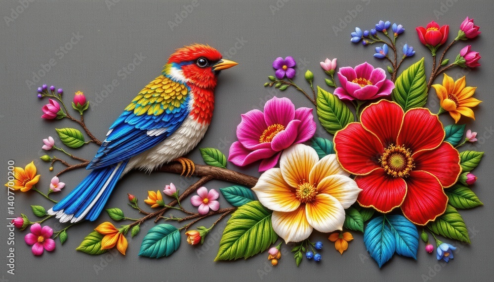 Fototapeta premium Embroidered Floral and Bird Design Illustrate a design resembling intricate embroidery