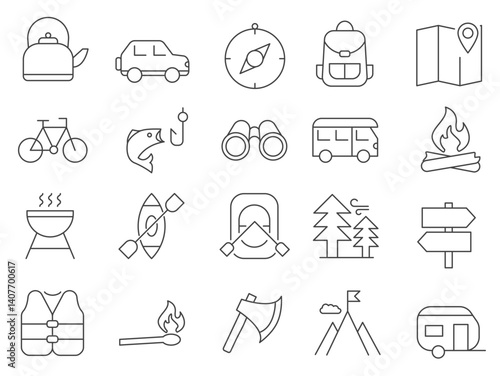  Camping line icons set. Camping outline icons with editable .