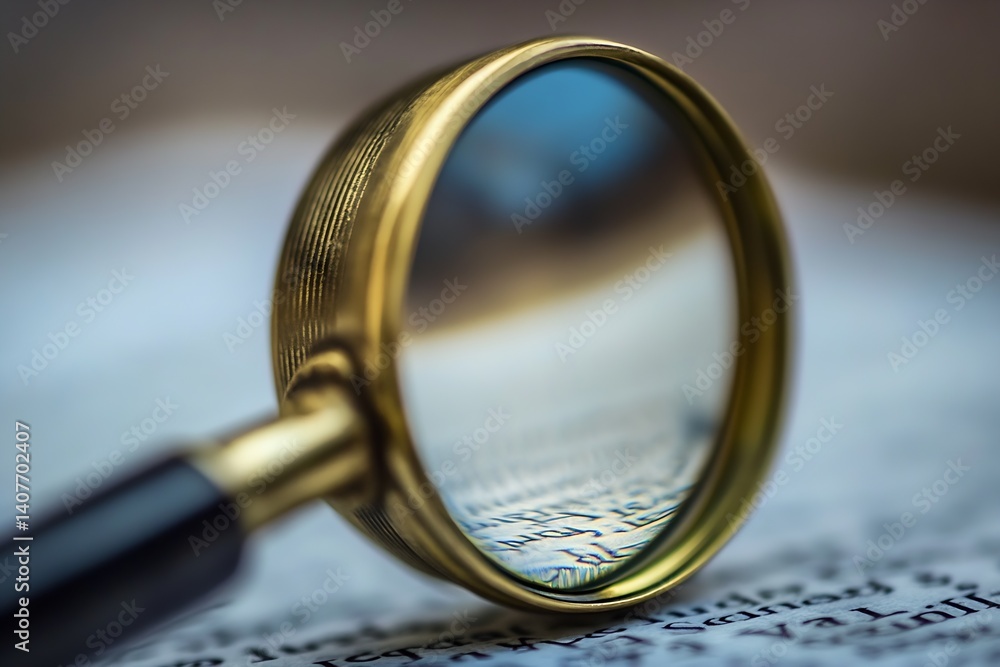 Focused look at text through a magnifying glass on an old page for reading clarity : Generative AI
