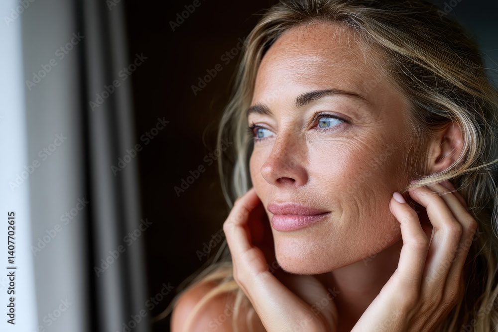 Fototapeta premium A contemplative woman gazes thoughtfully with serene blue eyes, surrounded by soft light, capturing a moment of introspection and calm reflection in her expression.