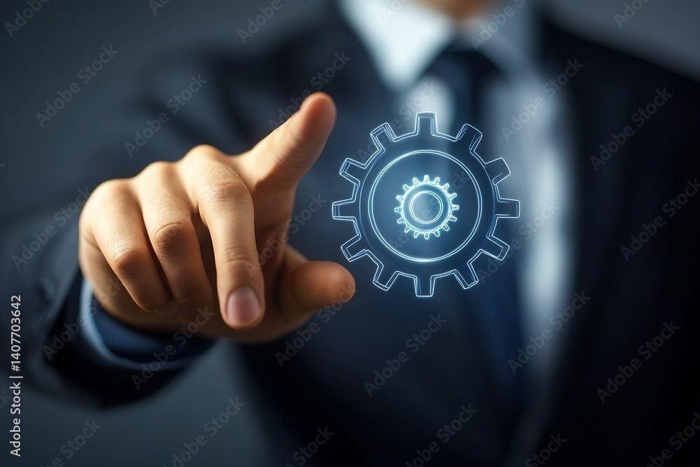 Businessman Interacting with Digital Gear Icon in a Modern Office Environment : Generative AI