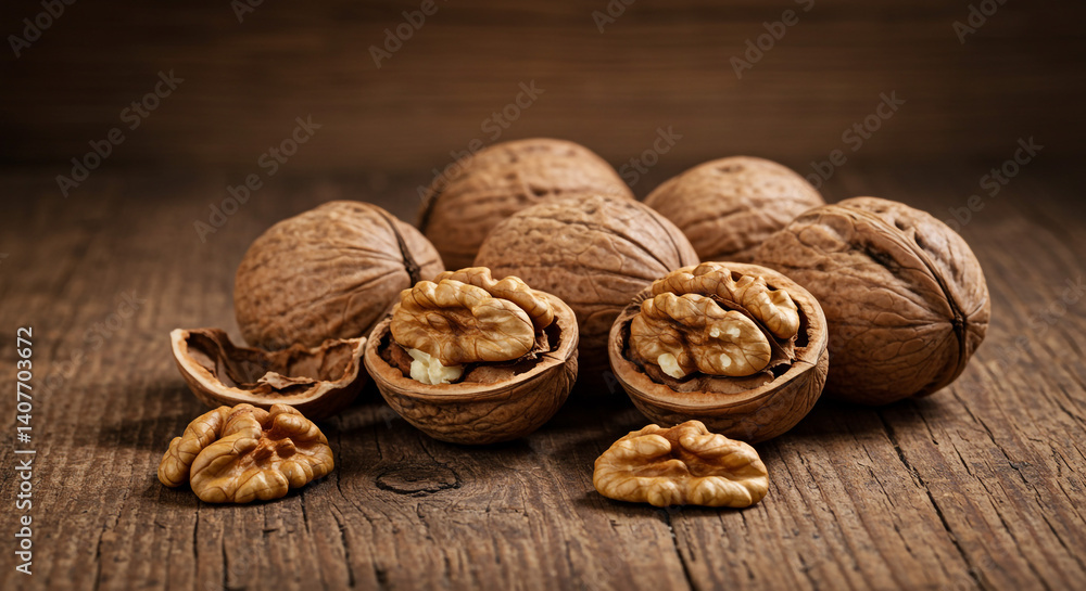 Delicious walnuts cracked open revealing their creamy interior sit on a rustic wooden table Warm Delicious walnuts cracked open revealing their creamy interior sit on a rustic wooden table Warm