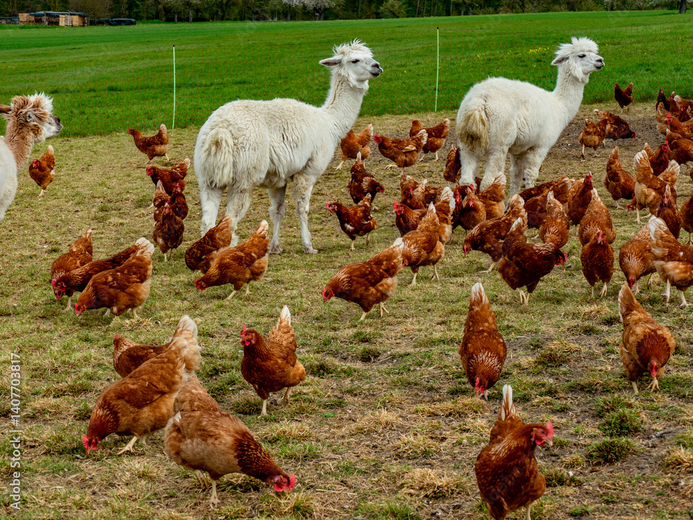 Fototapeta premium Hühner und Lamas am Hühnerwagen