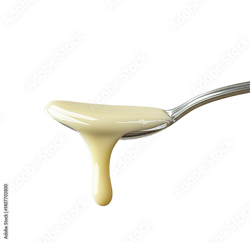 Sour cream in a spoon on a  Creamy white substance spills from a silver spoon onto a light gray  white background 

