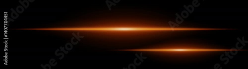 Two horizontal orange light beams glowing on black background. Abstract digital energy effect. Futuristic technology and sci-fi concept for design and wallpaper