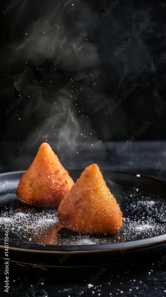 Brazilian coxinhas on wooden plate with floating seasoning.