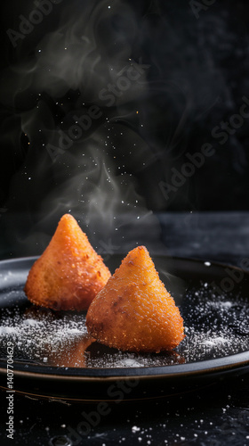 Obraz na płótnie Brazilian coxinhas on wooden plate with floating seasoning. w salonie
