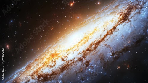 A spiral galaxy with a bright yellow center. The galaxy is filled with stars and is surrounded by a dark blue background