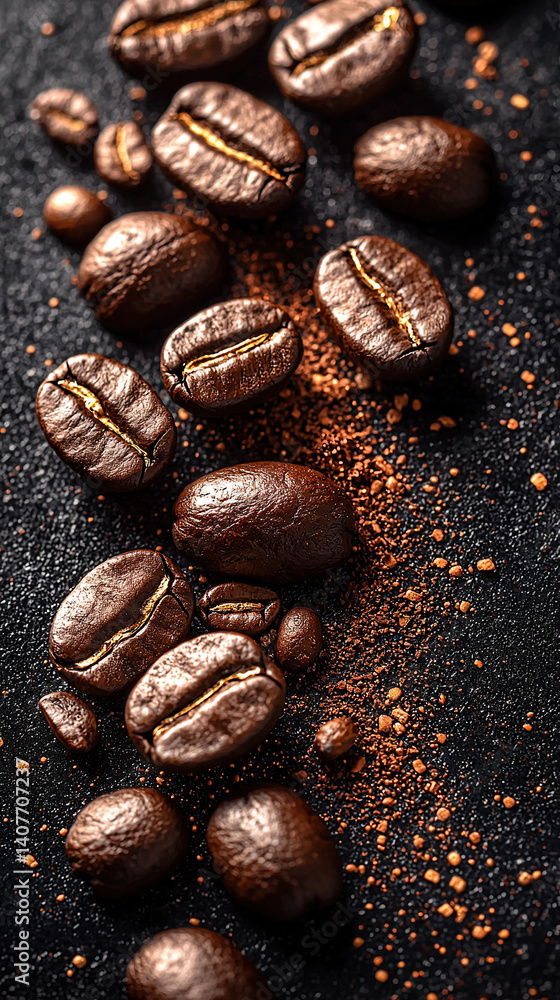 Beautifully roasted coffee beans scattered on a textured black surface, ready for brewing. Beautifully roasted coffee beans scattered on a textured black surface, ready for brewing.